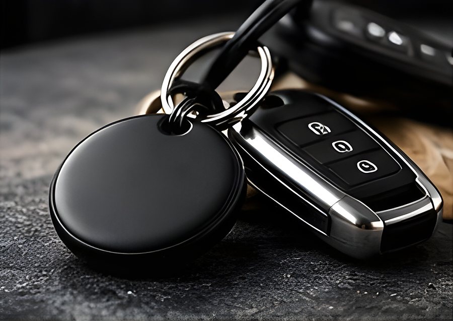 TECHSAFE Tag on a keyring next to a car key fob.