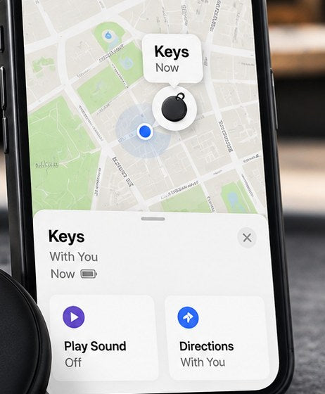 iPhone showing the TECHSAFE Tag located on a map in the Find My app, with Play Sound and Directions controls.