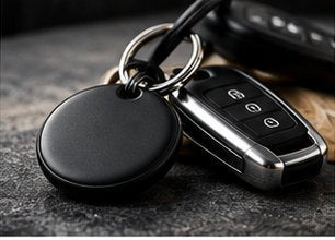 TECHSAFE Tag on a keyring next to a car key fob.