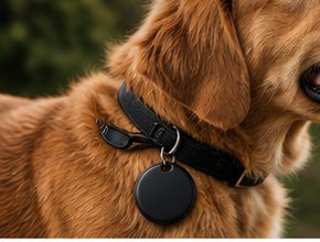 TECHSAFE Tag fitted to a golden retriever's collar.