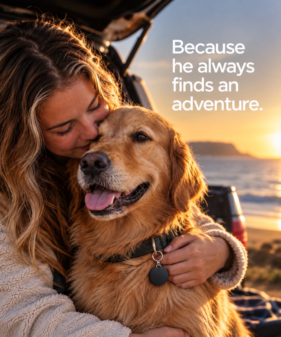 A woman hugging her golden retriever at the beach at sunset, with a TECHSAFE Tag on his collar. Text: Because he always finds an adventure.