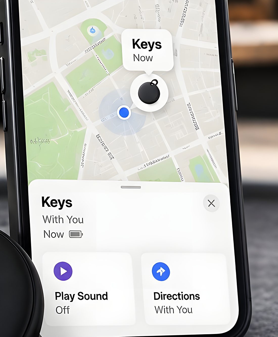 iPhone showing the TECHSAFE Tag located on a map in the Find My app, with Play Sound and Directions controls.