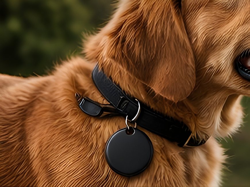 TECHSAFE Tag fitted to a golden retriever's collar.
