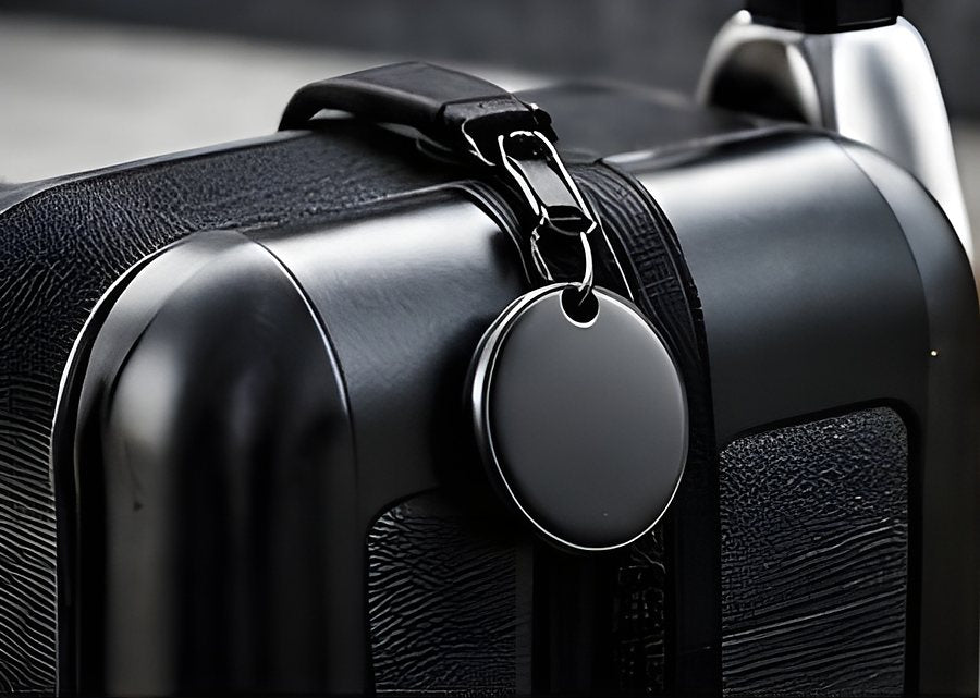 TECHSAFE Tag clipped to the strap of a hard-shell suitcase.